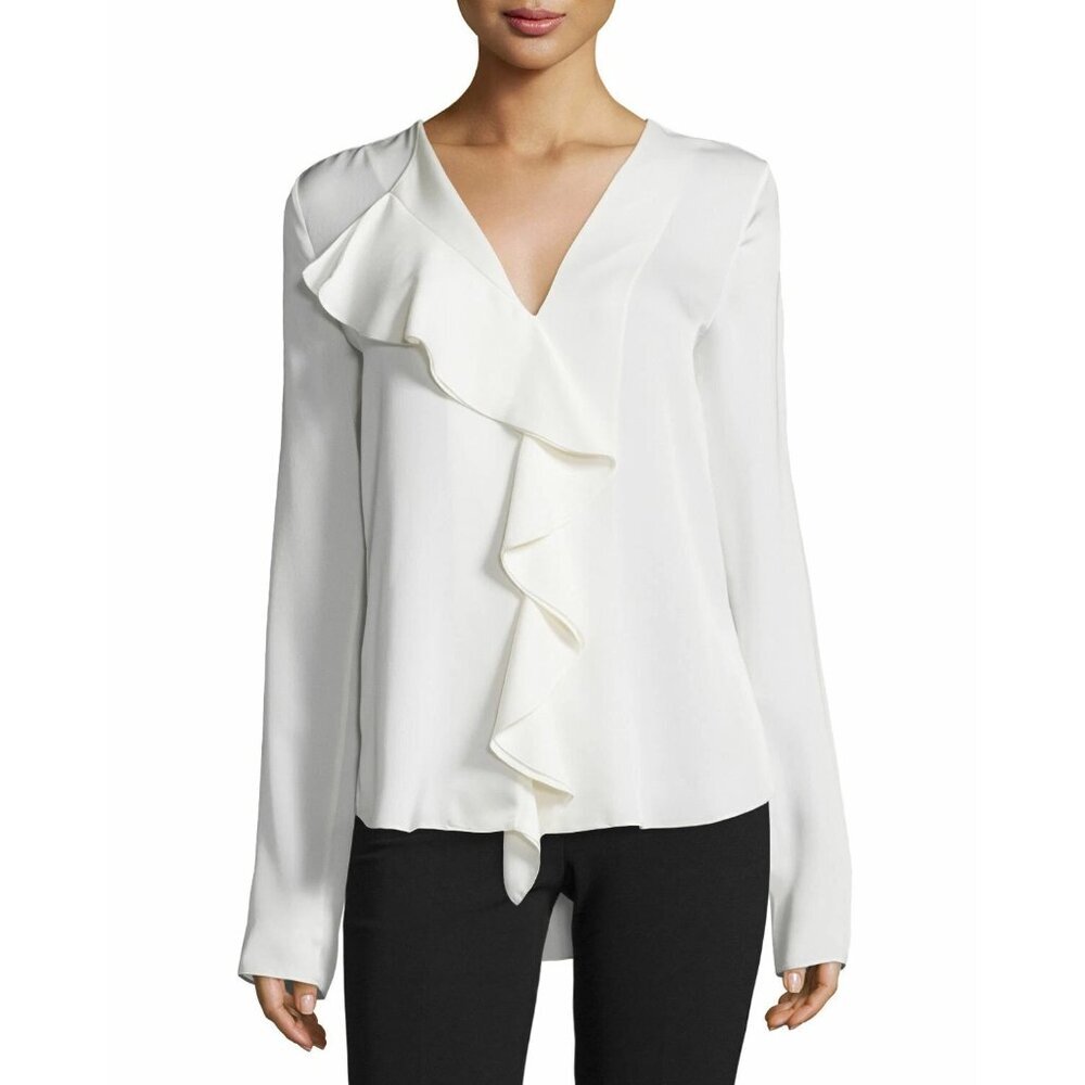 Theory Jastrid Silk Ruffle Front Georgette Blouse Womens Size L Capsule Holiday
